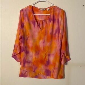 Vibrant Orange and Purple V-Neck 3/4 Sleeve Blouse
